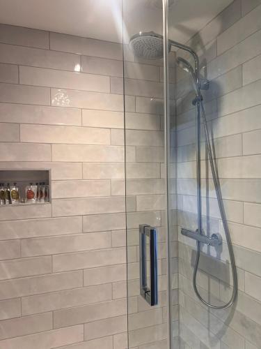 a shower with a glass door in a bathroom at Lily's Place in Wexford
