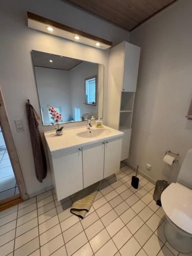 a bathroom with a sink and a mirror at Marielyst feriehus in Bøtø By