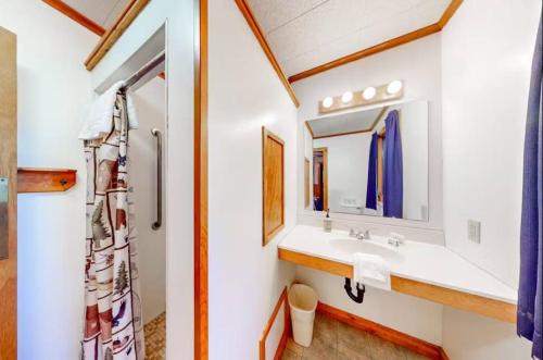 a bathroom with a sink and a mirror at Pine & Paddle in Saint Germain