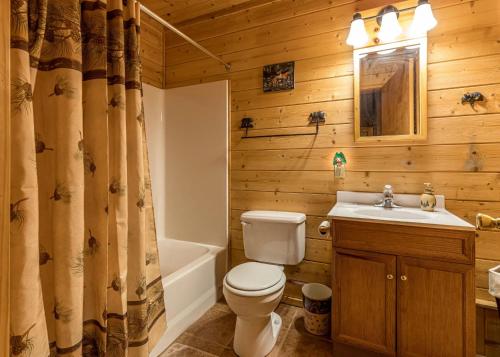 a bathroom with a toilet and a sink and a tub at Timbers - Bouchard Shores Resort in Minocqua