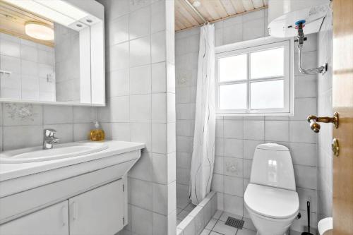 a bathroom with a toilet and a sink and a window at 505-Hvide-Sande-Riskrogvej-12 in Havrvig