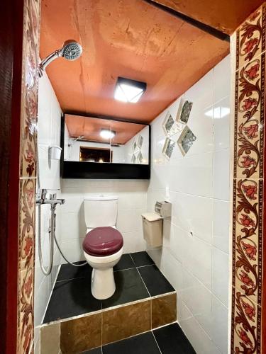 a small bathroom with a toilet and a shower at Backpackers Cabin with Mountain View in Bedugul