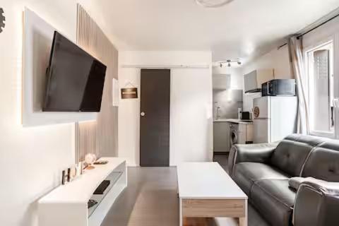 a living room with a couch and a flat screen tv at Charme et confort in Valenton