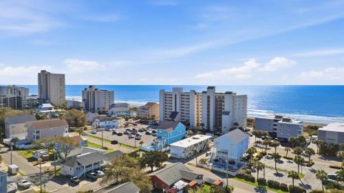 an aerial view of a city and the ocean at Sunny Beach Bungalow Pet Friendly Near Beach in Myrtle Beach