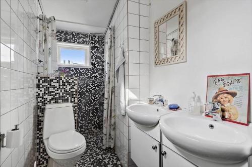 a bathroom with a white toilet and a sink at 4221-Stege-Langgade-21 in Stege
