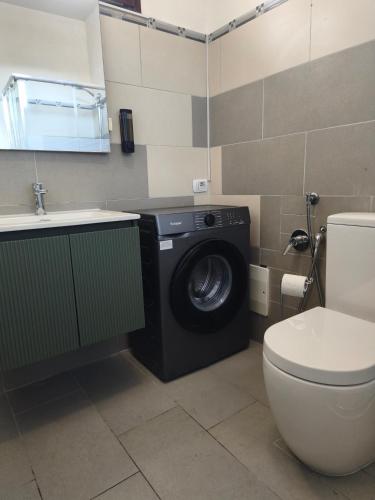 a bathroom with a washing machine and a toilet at Residenza Frontemura in Montefalco