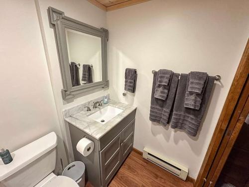 a bathroom with a sink and a mirror at Hilltop - Bouchard Shores Resort in Minocqua