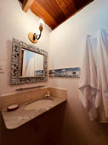 a bathroom with a sink and a mirror at Janaína Picinguaba in Ubatuba