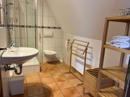 a bathroom with a sink and a shower and a toilet at Weingärtner Appartements in Mannheim