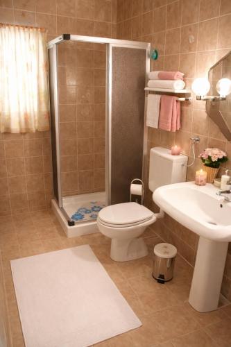 a bathroom with a shower and a toilet and a sink at Apartmani Ribarica**** in Karlobag