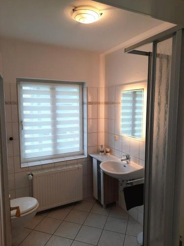 a bathroom with a sink and a toilet and a window at Ferienwohnung Berthold WG 6 in Blankenburg