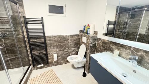 a bathroom with a toilet and a sink and a shower at Ferienwohnung Melody in Weisweil