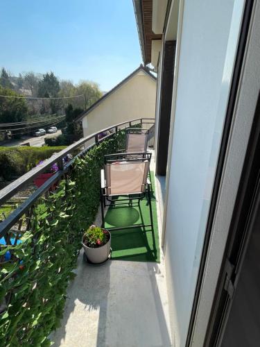a balcony with two chairs and a plant at Appartement 3 pièces in Mareil-Marly