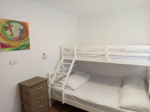 a bedroom with two bunk beds with a ladder at בקתה 512- אירוח בדרום הגולן in Giv'at Yo'av