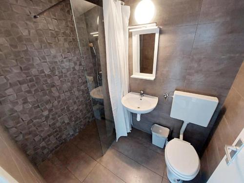 a bathroom with a sink and a toilet and a shower at GFS way studios - greenline accomodation in Ljubljana