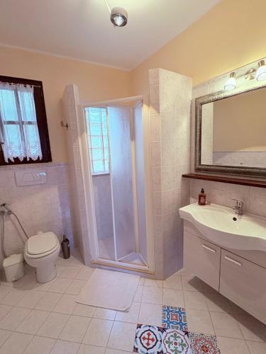 a bathroom with a shower and a toilet and a sink at Villa Donna Sibilla in Merine