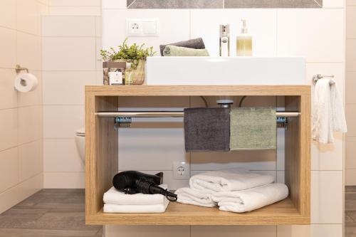 a bathroom with a sink and towels on a shelf at Studio Toblaten in Inzing
