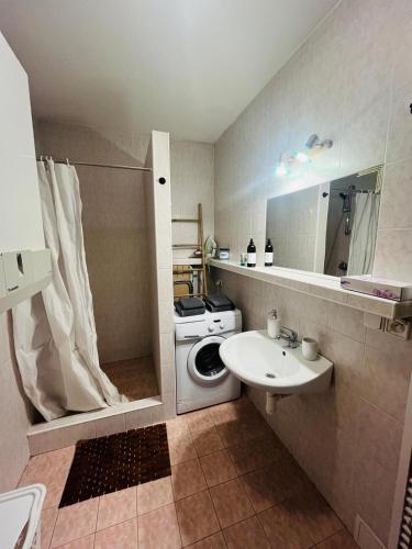a small bathroom with a washing machine and a sink at Appartamento Nivy con posto auto in Bratislava