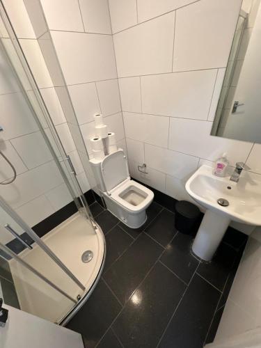 a bathroom with a toilet and a sink at Stay in Brick Lane in London