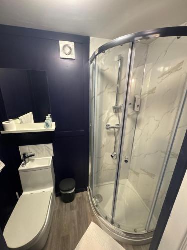 a bathroom with a shower and a toilet and a sink at Cozy studios in Nottingham in Nottingham