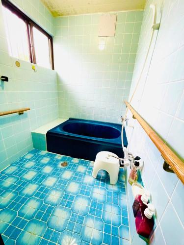 a bathroom with a blue tub and a toilet at 与那国島一棟貸切宿はいぬきち in Yonaguni