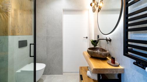 a bathroom with a sink and a toilet at Apartamenty Good Time- Mariental Residence - Centrum in Szklarska Poręba