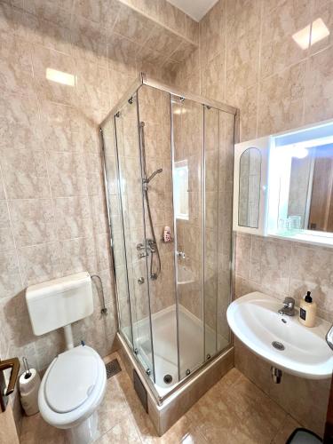 a bathroom with a shower and a toilet and a sink at Paxora sobe - Mostar in Mostar