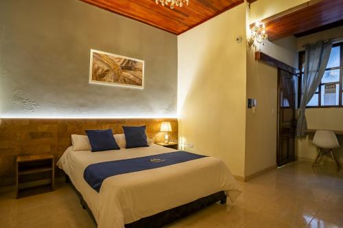a bedroom with a large bed with blue pillows at Hotel Catedral Boutique Loft in Pasto