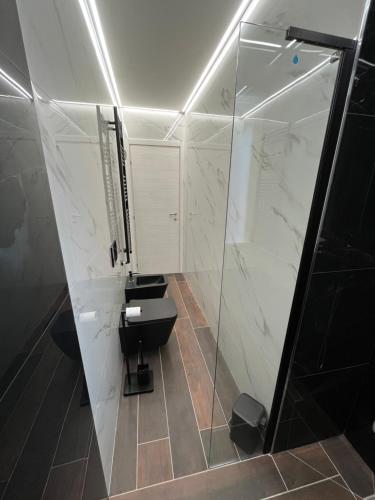 a bathroom with a glass shower and a toilet at Alloggio Manzoni in Asti