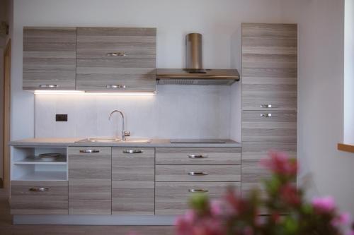 a kitchen with wooden cabinets and a sink at Agritur Rizzi di Inama Ugo in Coredo