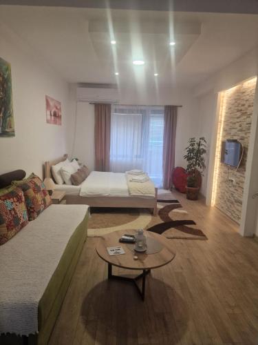 a living room with a couch and a table at Apartmani ALBION in Žabljak