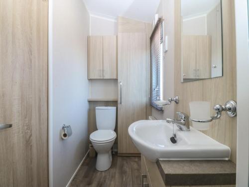 a bathroom with a white toilet and a sink at Pheasant Lodge in Holyhead