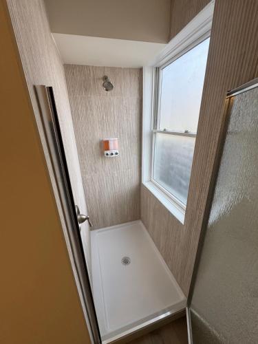a bathroom with a shower and a window at The Global Getaway in St. Charles