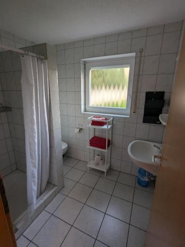 a bathroom with a toilet and a sink and a window at Pension Grübel in Lindau