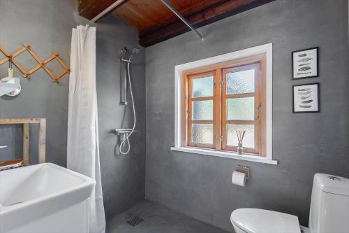 a bathroom with a toilet and a sink and a window at 0310-Romo-Langdalsvej-61 in Høm