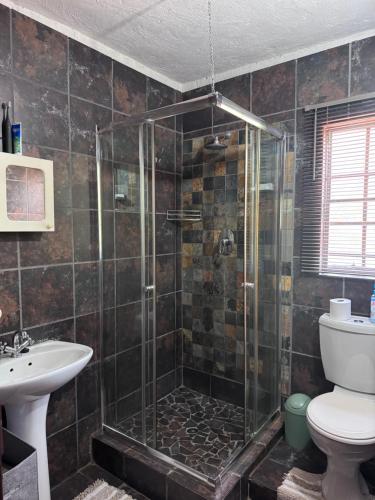 a bathroom with a shower and a toilet and a sink at Indlovu Inn in Marloth Park