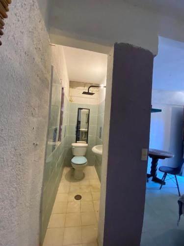 a bathroom with a toilet and a sink and a desk at Jardín del Mango Nu in Zipolite