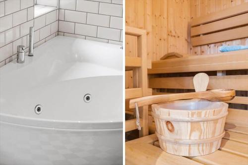 a bath tub in a wooden room with a bucket at 2804-Romo-Bornholmervej-4 in Høm