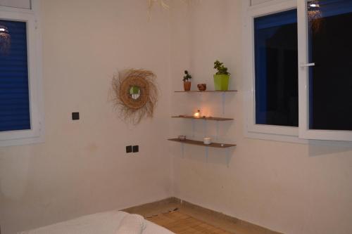 a room with two windows and two shelves on the wall at west wave surf house in Tamraght Ouzdar