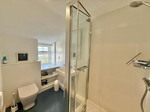 a bathroom with a shower and a toilet at 1 East Cliff in Lyme Regis