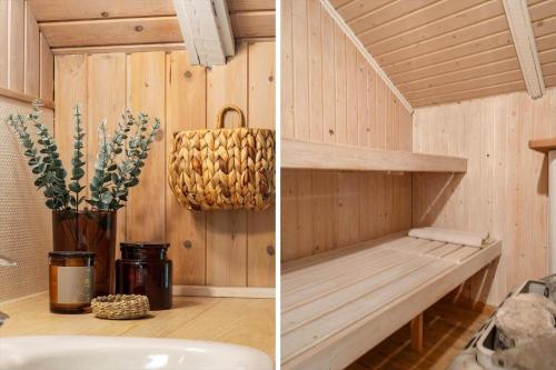 two pictures of a sauna with a bench next to a sink at 0153-Romo-Julianehab-5 in Høm