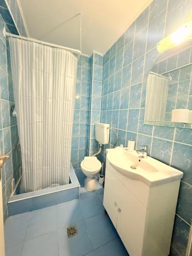a blue tiled bathroom with a toilet and a sink at Vila Gymy in Constanţa