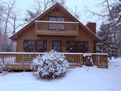 a log cabin with a deck in the snow at The Cozy Chalet in Asheville