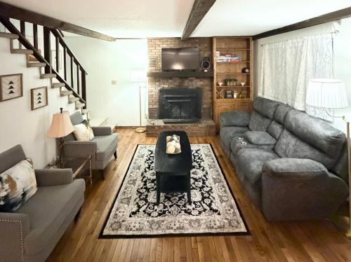a living room with a couch and a fireplace at The Cozy Chalet in Asheville