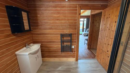 a bathroom with a toilet and a sink at Bryn Bettws Log Cabins Ltd in Port Talbot