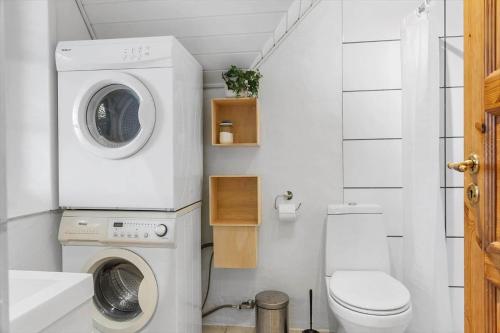 a bathroom with a washing machine and a toilet at 2008-Romo-Froidal-10 in Høm