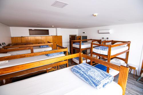 a dorm room with several bunk beds and a tv at Hostel D'Avenida in Vila Praia de Âncora