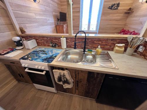 a kitchen with a sink and a counter top at Les Roitelets "MONTAGNARD" - Appartement T2 avec Mezzanine - Thème Montagne - Entièrement NEUF - Classé 3 étoiles - Proche Centre-ville & Thermes - Ménage et Linge de maison INCLUS in La Bourboule