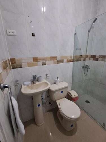 a bathroom with a toilet and a sink and a shower at Mario Aparta Estudio in San Felipe de Puerto Plata