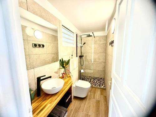 a bathroom with a toilet and a sink at Sunset View - Panoramic Sea View - Deshaies in Deshaies